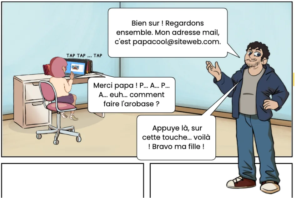 Une fille assise à un bureau crée son compte sur un ordinateur, son père l'attend et donne des instructions, avec des discours en français dans des bulles de dialogue.