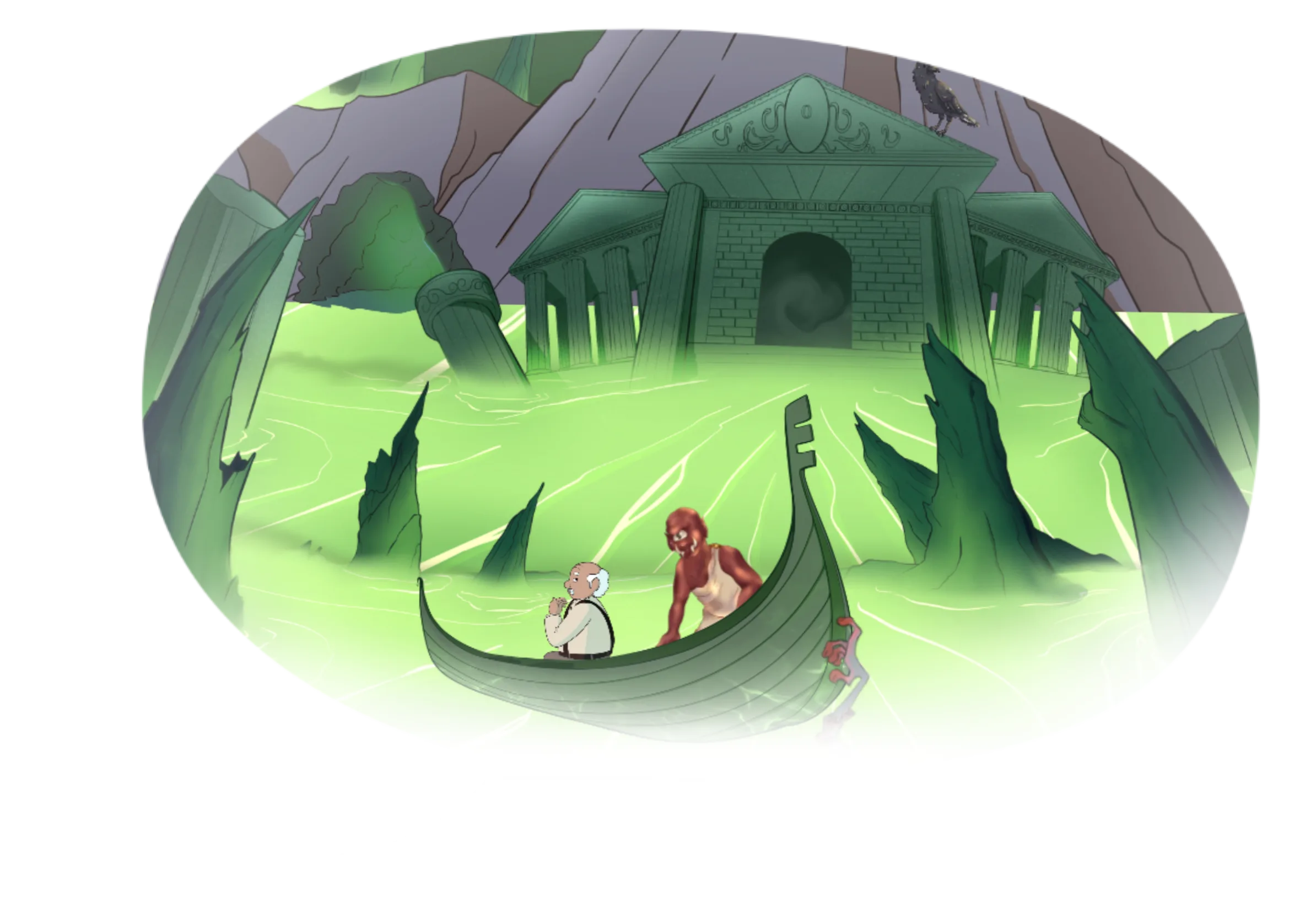 Une illustration d'une BD : un bâtiment ancien au style grec avec des colonnes, situé dans un environnement montagneux, entouré d'eau verte fluorescente. Deux personnages humanoïdes, un vieux monsieur piloté dans un bateau par un cyclops, naviguent.