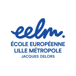 Logo de l'École Européenne Lille Métropole, Jacques Delors, avec le texte en bleu.