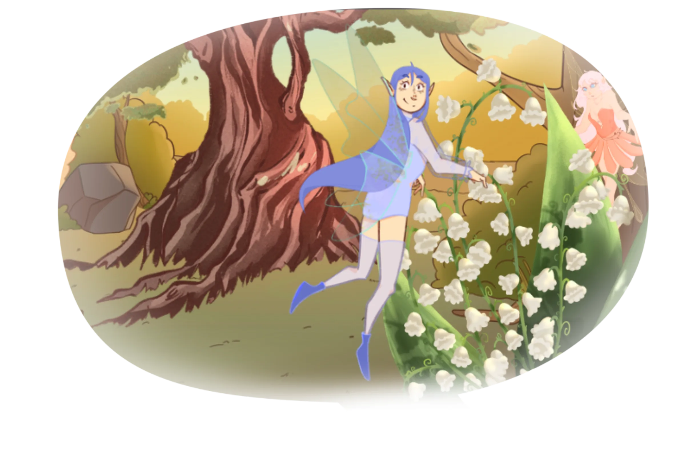 Une scène fantastique d'une illustration d'une BD : avec une fée à vêtements bleus, aux ailes translucides, qui vole parmi des arbres et des fleurs blanches en forme de cloche dans une forêt ensoleillée.