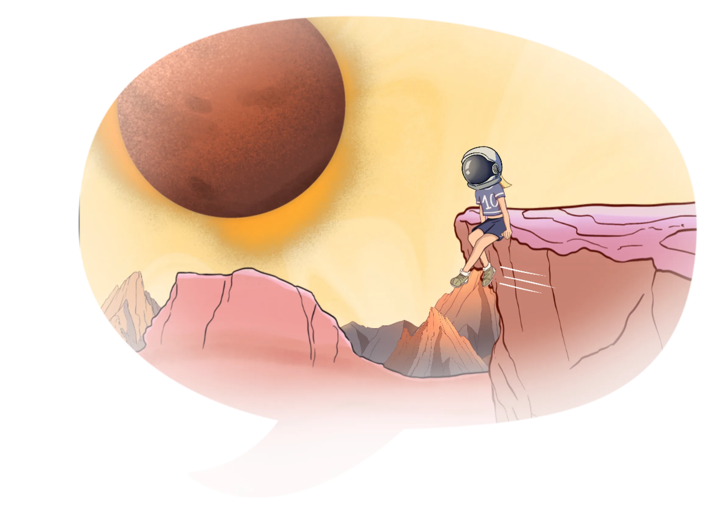 Une illustration d'une BD : style dessin animé science fiction d'une personne avec un casque d'astronaute assise sur un rocher dans un paysage montagneux avec un ciel jaune et une grande planète rouge à l'arrière-plan.