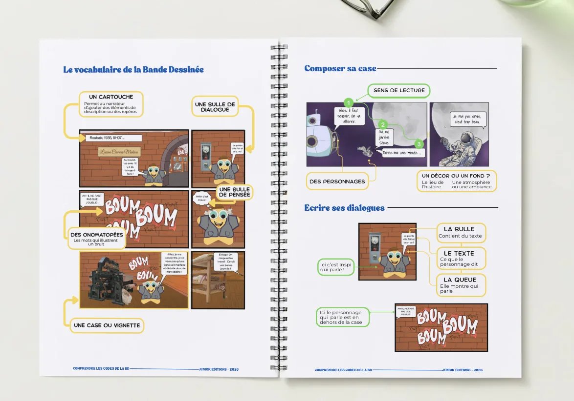 Page d'un guide pédagogique illustré expliquant le vocabulaire de la bande dessinée avec exemples visuels et textes, comprenant une feuille de notes, des images de personnages et de bulles de dialogue.