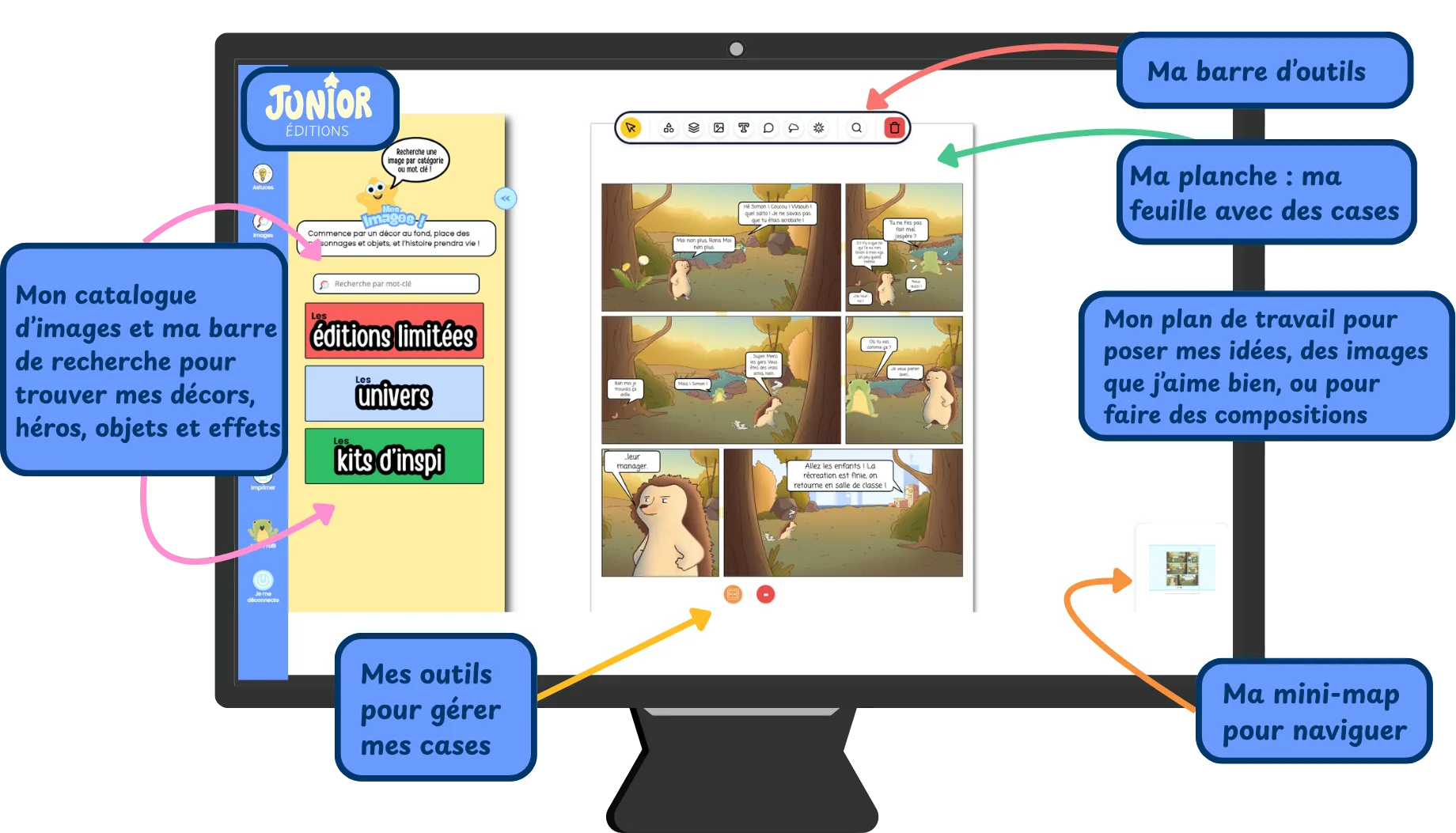 Aperçu des outils de création BD Junior Éditions depuis la plateforme de création : des bulles de dialogue, images de décors et personnages, la mini-map pour naviguer et un grand plan de travail avec une prise en main simple pour les enfants.