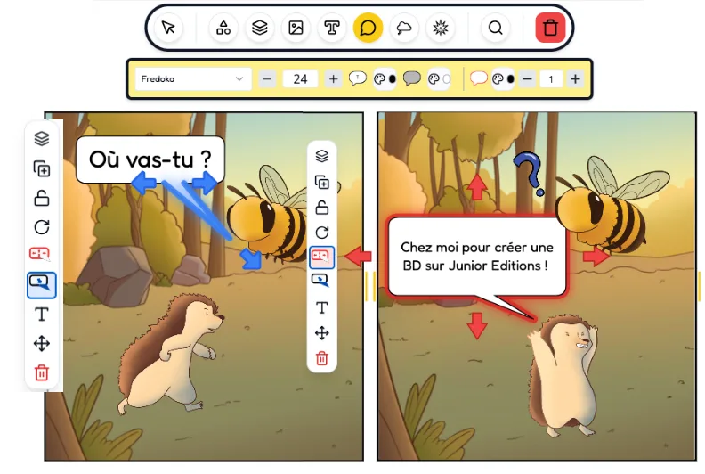 Démonstration des outils de texte BD : deux cases dans la forêt où un hérisson et une abeille discutent de Junior Editions dans des bulles de dialogue.