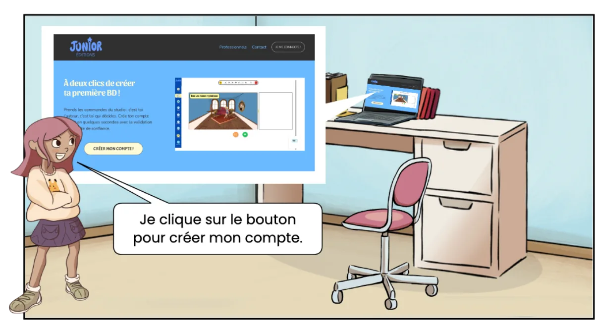 Une fille souriante avec des cheveux bruns, portant un t-shirt beige avec un chat orange, et une jupe violette, pointe vers un bouton à l'écran. L'écran affiche une interface pour créer un compte de type BD pour enfants. La scène se déroule avec un bureau, une chaise rose, un ordinateur portable, et quelques papiers.