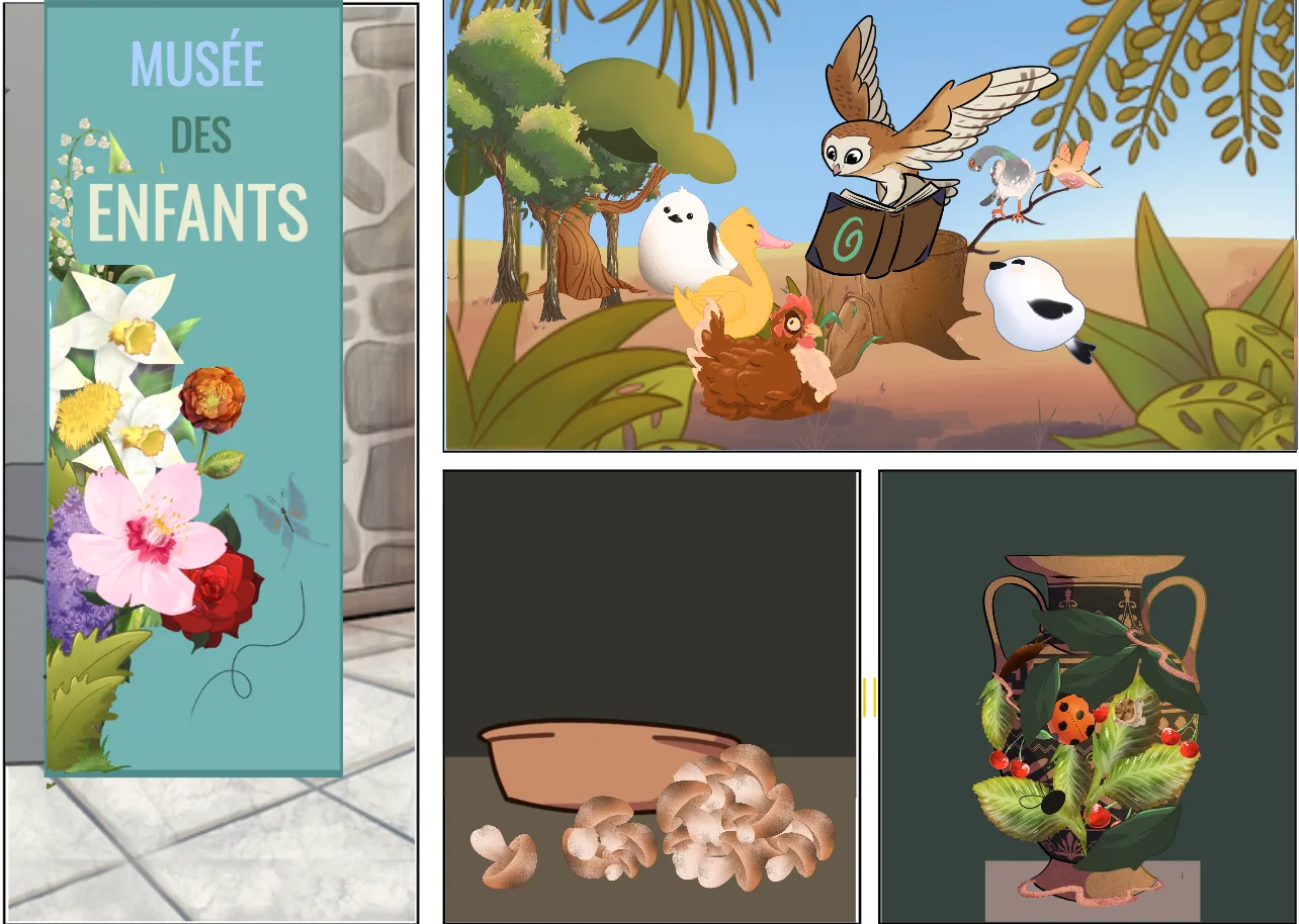 Une affiche du musée des enfants avec des reproductions d'oeuvres du musée : fleurs colorées, une image d'animaux de ferme et de la nature, une coupe avec des champignons, et une jarre décorative contenant des fruits, un insecte et une feuille.