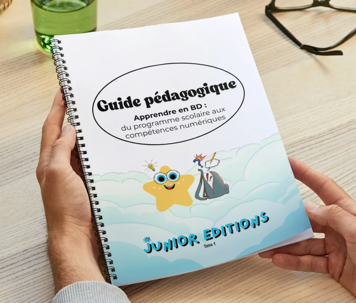 Livre blanc "Guide Pédagogique" tenu en main : support pour enseigner les compétences numériques scolaires par la bande dessinée.