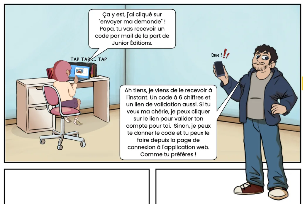 Un enfant utilisant un ordinateur pour envoyer une demande, un père recevant un code de validation sur son téléphone.