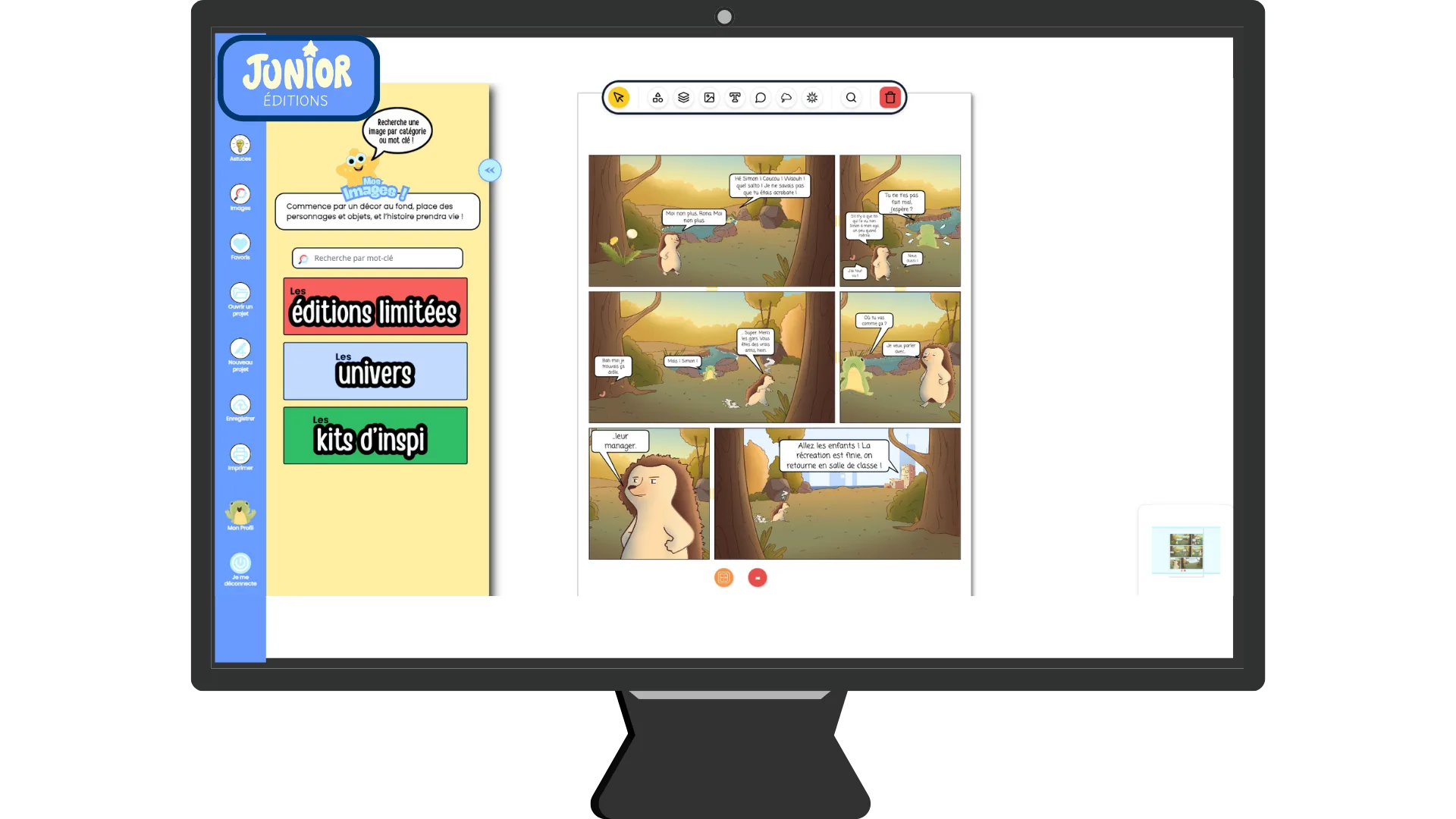 Capture d'écran d'un logiciel de création de bande dessinée pour enfants, montrant une page avec des options de menu latérales, un espace de création central avec une bande dessinée en cours, et divers outils de modification en haut de l'écran.