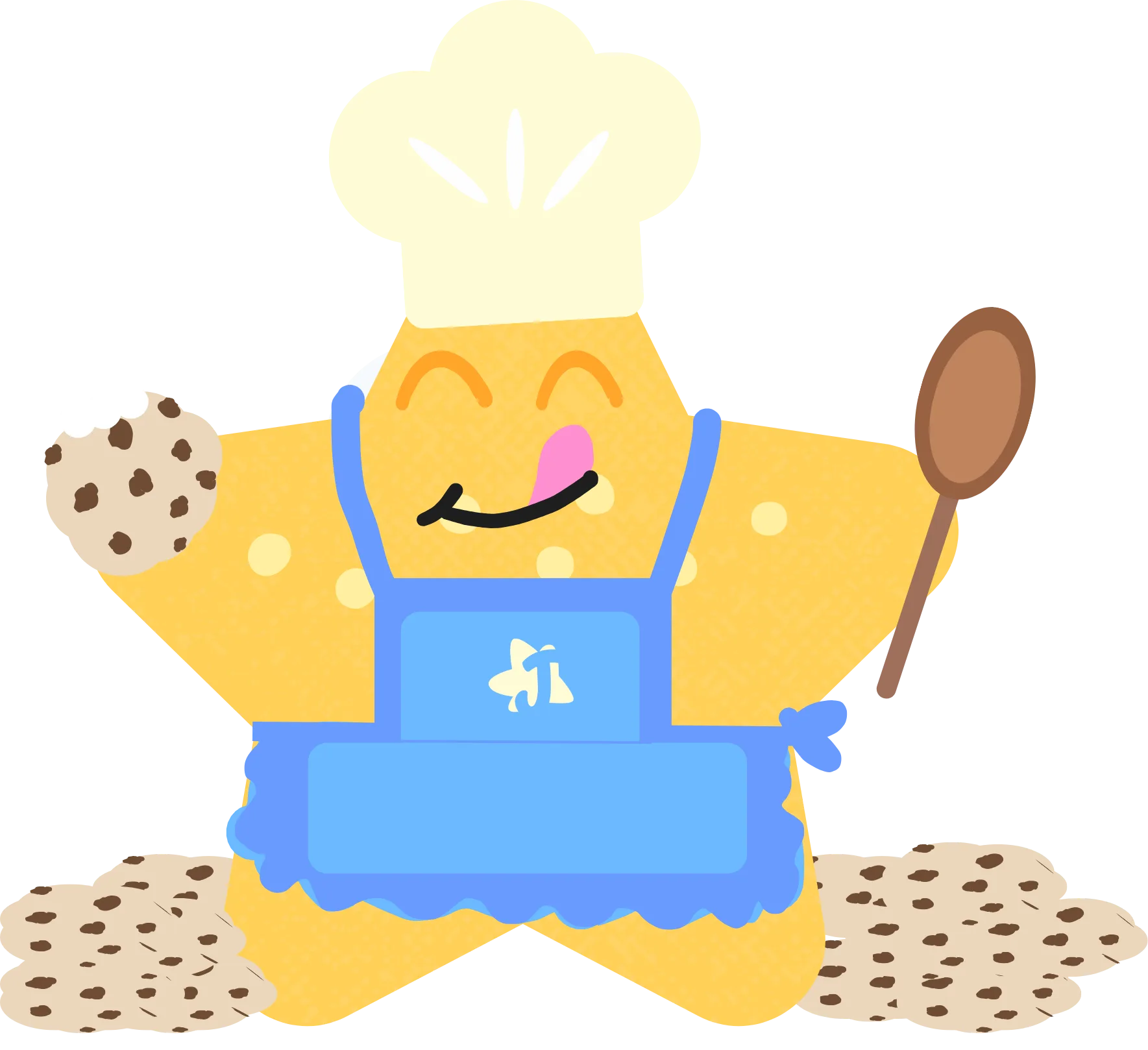 Une illustration du mascot Inspi en costume de chef cuisinier, portant un chapeau blanc, un tablier bleu avec un logo Junior Éditions, tenant une cuillère en bois dans une main et une cookie dans l'autre, avec un sol de cookies autour de ses pieds.